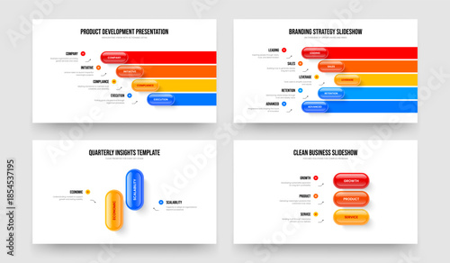 Advertising Planning 4 5 2 3 Step Infographic Presentation Template Set. Creative Overview Four Five Two Three Element Diagram Slide Design Vector Illustration Collection.