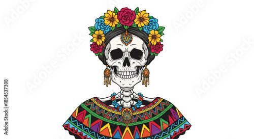 Colorful illustration of a calavera skeleton with a vibrant floral crown and traditional Mexican attire, celebrating Day of the Dead.