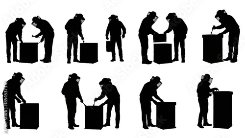Diverse beekeeper silhouettes illustrate honey production and apiary maintenance tasks with protective gear