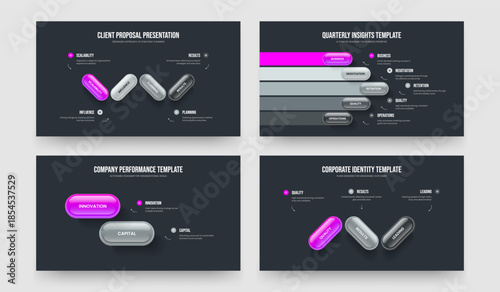 Market Briefing Four Five Two Three Option Diagram Presentation Layout Vector Illustration Set. Advertising Insight 4 5 2 3 Step Infographic Slide Template Collection.
