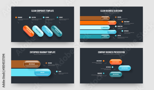 Company Strategy Four Five Two Three Option Infographic Slideshow Template Vector Illustration Collection. Visual Performance 4 5 2 3 Element Diagram Slide Design Bundle.