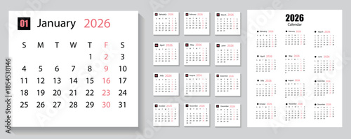 2026 Creative minimal business monthly Calendar template vector.2026 calendar design.Week start on Thursday.