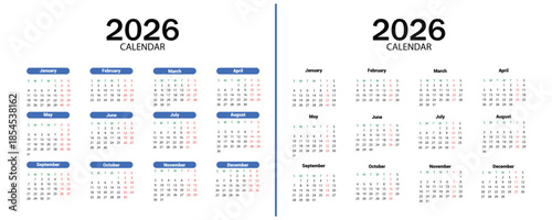 2026 calendar. Monthly calendar planner 2026. 12 months calendar in minimal lay out clip art collection with days and weekly schedule monthly pages design vector illustration. 