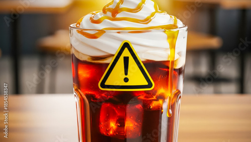 Glass of sugary iced drink topped with whipped cream and caramel, featuring a warning sign symbolizing health risks of excess sugar.