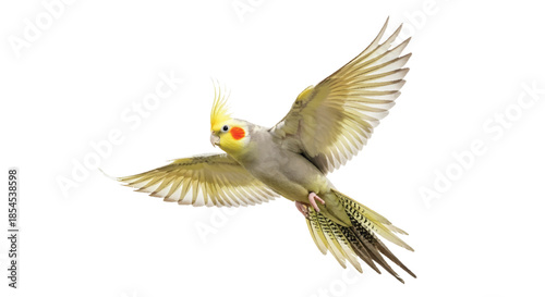 Cockatiel Bird Flying Isolated on White Background