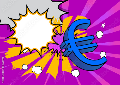 Cartoon Euro Sign with blank speech bubble, comic book financial background. Retro vector comics pop art design.