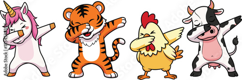 Four cartoon animals dabbing: unicorn, tiger, chicken, cow in colorful vector style for kids, fun, dance, celebration themes.