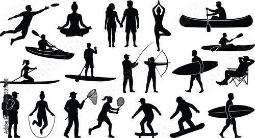Black silhouette vector illustration set of people enjoying outdoor sports leisure activities including surfing yoga canoeing skateboarding archery