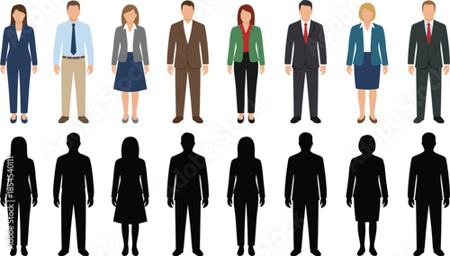 Business people illustration set featuring male and female professionals with office attire and silhouettes isolated on white background