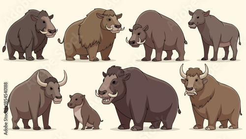 Collection of Bison Illustrations in Various Poses.