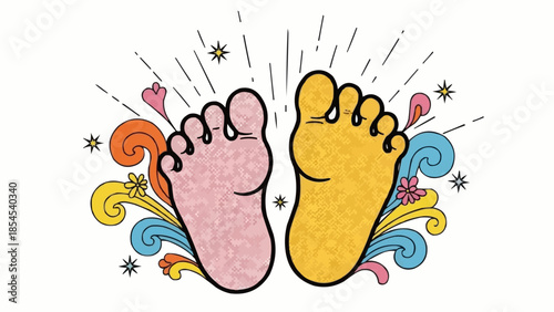 Colorful Cartoon Feet with Swirling Decorations.