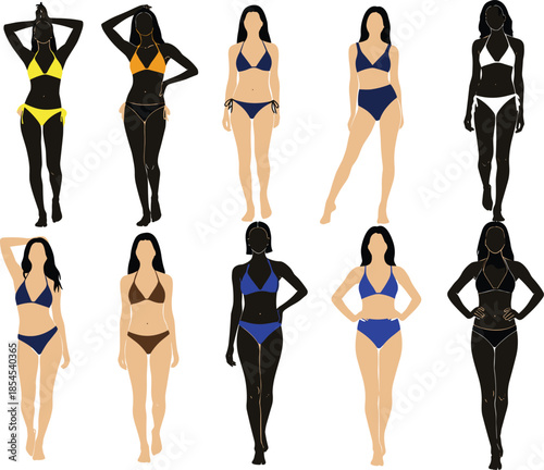 Diverse women bikini illustration showcasing body positive swimwear fashion, inclusive female figures, summer style, and modern flat vector design