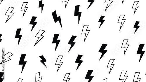 Hand drawn lightning bolt pattern with scattered electric thunder symbols black and outline icons on white background for modern design