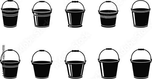 Set of black bucket silhouette icons collection with handles, simple metal pail shapes for construction, cleaning tools, household utility design