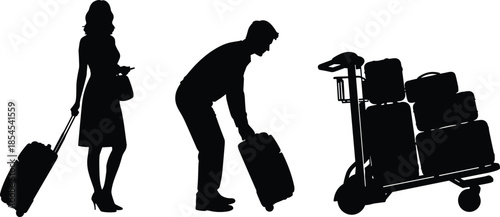 Travel luggage silhouettes showing man and woman handling suitcases with baggage cart representing airport transportation and journey lifestyle isolated on white background