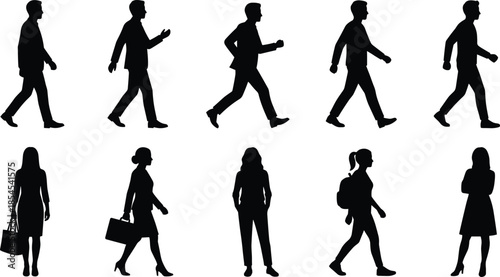 Walking people silhouettes collection of men and women in motion, business and casual commuters, urban lifestyle characters isolated vector set