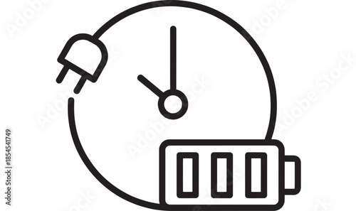 Clock with charging plug and battery icon on transparent background silhouette