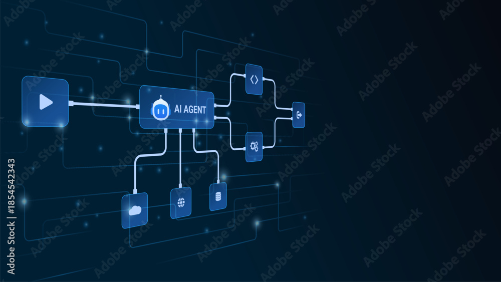 Obraz premium AI workflow automation artificial intelligence network diagram nodes triggers data tool coding and flow process.