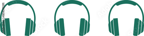 Green headphone icons in varied earcup designs for music interface, audio branding, sound equipment illustration, and tech visuals 