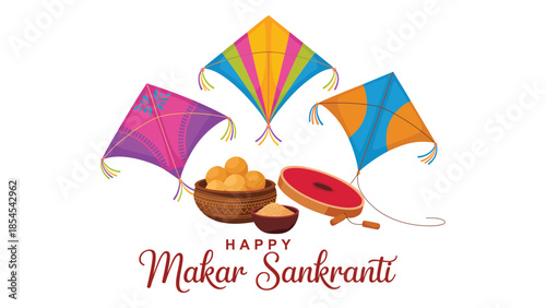 Happy makar sankranti festive illustration with colorful kites and traditional sweets tilgul and laddu with elegant typography for indian harvest festival design