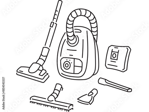 Line art illustration of a vacuum cleaner with attachments on transparent background silhouette
