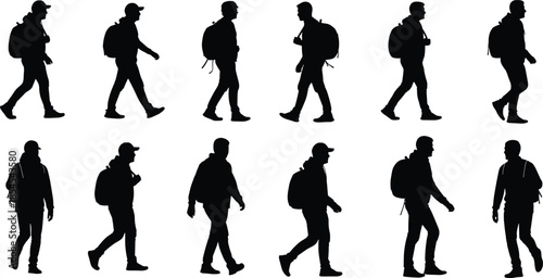 Silhouettes of men walking with, male traveler and backpack commuter figures set, active lifestyle vector, hiking and outdoor adventure icons