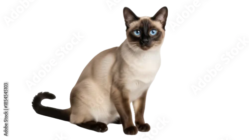 Fototapeta na wymiar Elegant Siamese cat PNG isolated on transparent background, beautiful seal point feline with blue eyes for design projects