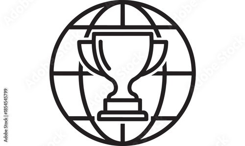 Globe with trophy inside a linear design on transparent background silhouette