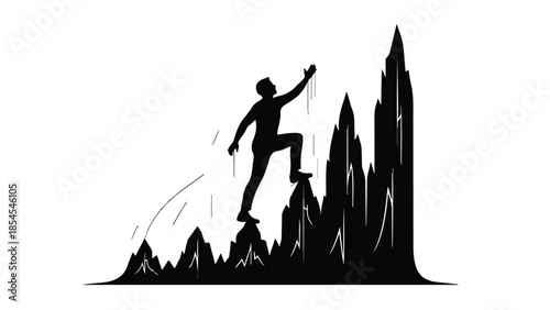 Determined silhouette climbing jagged peaks towards the summit in a challenging ascent.