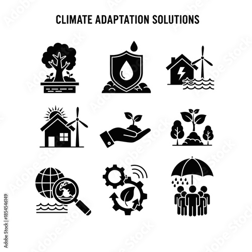 Climate adaptation solutions: sustainable living concepts featuring renewable energy, eco-friendly protection, and community resilience for a greener future