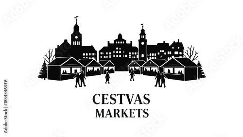 Charming village market scene with festive stalls and historic buildings under a clear sky.