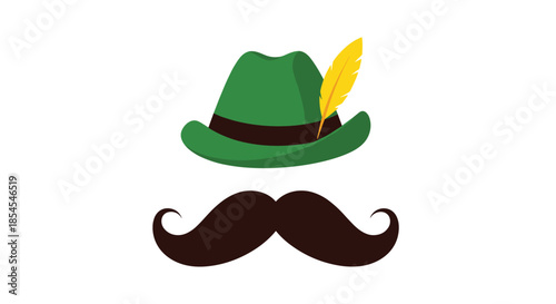 Traditional alpine green tyrolean hat with a yellow feather paired with a large dark mustache for oktoberfest celebration graphics.