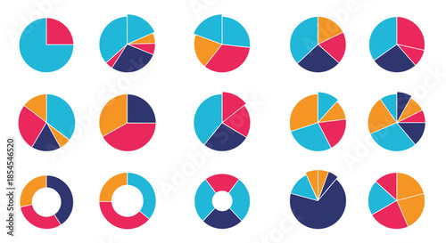 Assorted colorful pie chart diagrams for data visualization and business infographics showing various statistics and market shares.