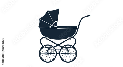 Elegant silhouette of a classic vintage style baby stroller or pram with large wheels and a curved handle in deep navy blue.