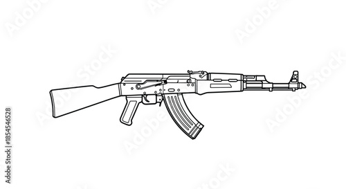 Black and white line drawing of an assault rifle showing the iconic silhouette and mechanical details of this world famous firearm.