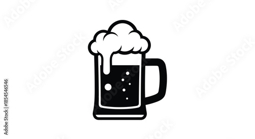 Silhouette of a glass beer mug filled with dark liquid and overflowing white foam for bar, pub, and brewery themed marketing materials.