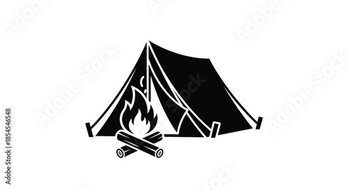 Black and white silhouette of a triangular tent with a crackling campfire and logs in front representing outdoor camping and adventure.