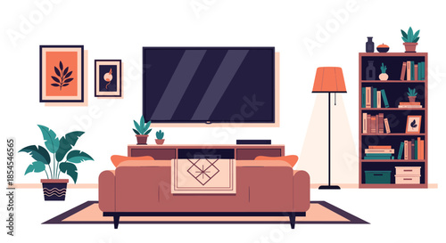View of a modern living room from behind a brown sofa looking towards a large television, bookshelf, and framed wall art in flat style.