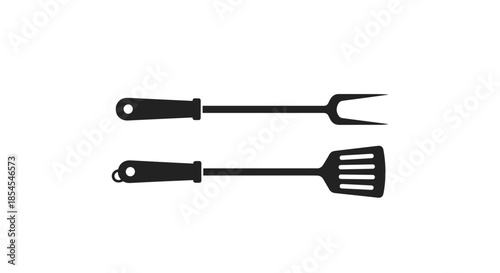 Silhouettes of a long handled barbecue fork and a slotted spatula tools for grilling meat and flipping burgers during outdoor cookouts.