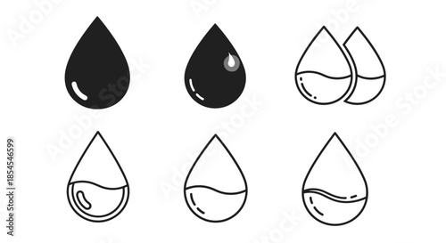 Set of black and white water drop icons and silhouettes showing various liquid states and environmental conservation concepts.