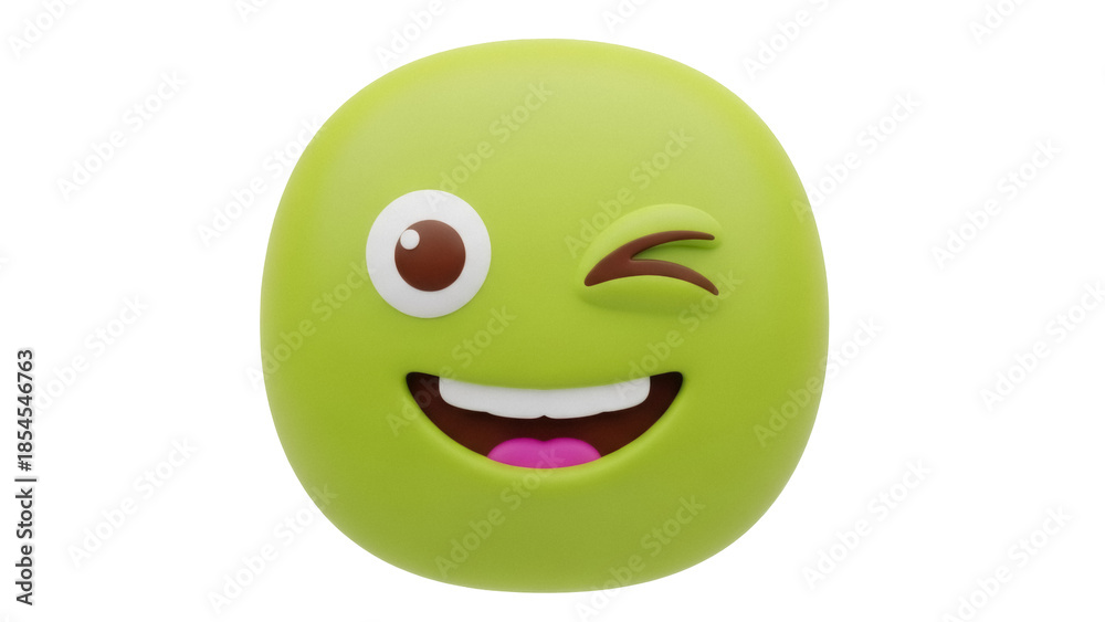 Fototapeta premium Winking green emoji isolated PNG on transparent background, playful emoticon with a smile and one eye closed for social media and design