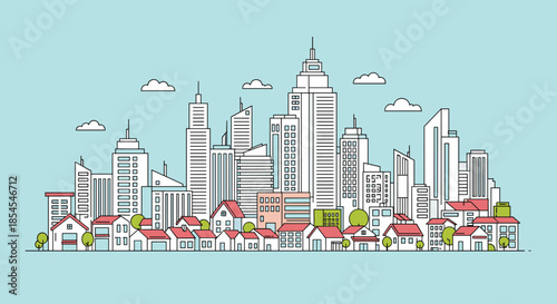 Wide panorama of a modern city skyline with various skyscrapers, residential houses, and clouds in a clean line art style.