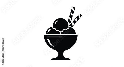 Stylized black silhouette of a delicious ice cream dessert in a bowl with three scoops and two striped wafer straws for menu design.