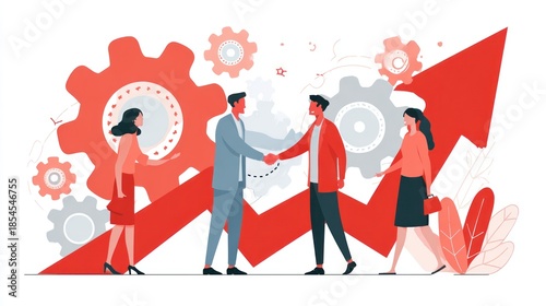 Illustration depicts business people shaking hands with gear and arrow