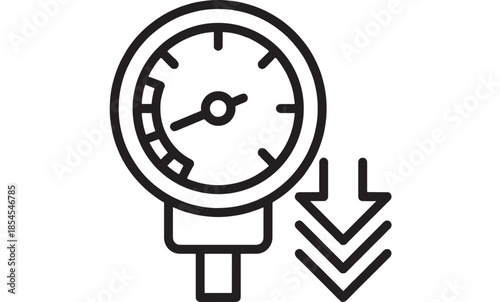Pressure gauge with descending arrows line art icon on transparent background silhouette