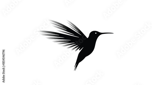 Elegant black hummingbird silhouette in flight with outstretched wings against a white background.