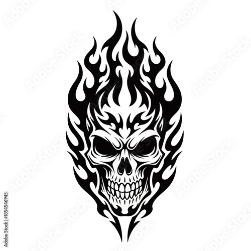 A striking black and white illustration of a flaming skull with intricate details.