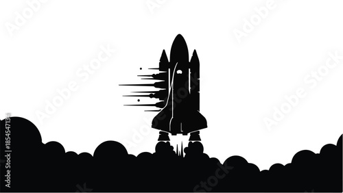 Sleek black spacecraft blasting off with smoke trails against a white background, symbolizing innovation and speed.