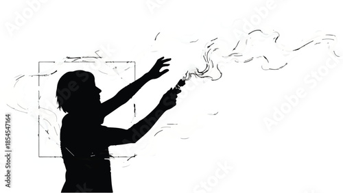 Artist silhouette creating abstract smoky art with a brush and paint on a white background