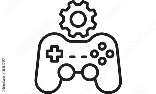Gaming controller with gear icon simple line art on transparent background silhouette